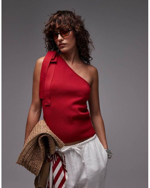 Mango Red One Shoulder Tie Knitted Top