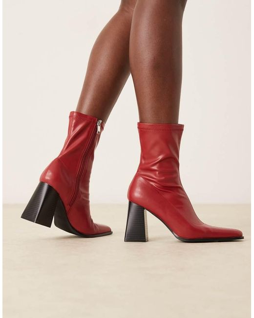 Raid Wide Fit Red Whisper Block Heeled Ankle Boots With Pointed Toe