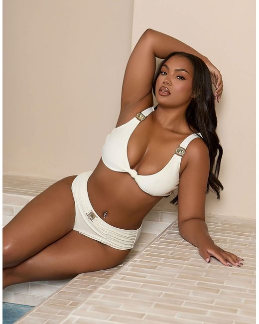 Moda Minx Brown Curve X Bernadette Afia Knot Front Bikini Top With Gem Detail