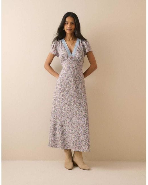 Nobody's Child Natural Ditsy Floral Lace Trim Kacey Midi Dress