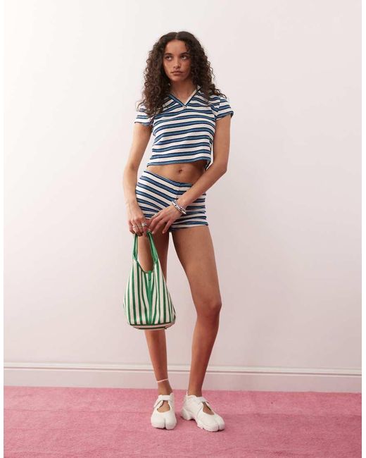 Collusion Blue Towelling Striped Polo Top Co-Ord