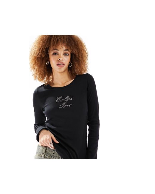 Monki Black Long Sleeve Fitted Top With Endless Love Crystal Placement
