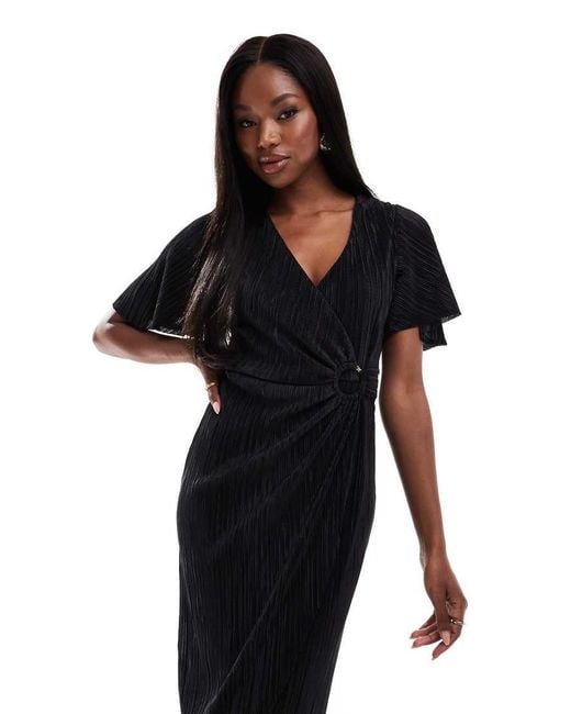 AX Paris Black Plisse Short Sleeve Wrap Midi Dress With Ring Detail