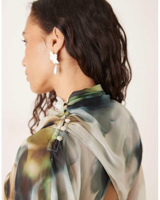 ASOS Natural Long Sleeve Wrap Over Top Dress With Godet Full Skirt And Low Back