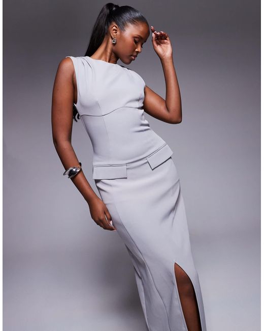 Kaiia Purple Exclusive Tailored Sleeveless High Neck Pocket Detail Split Front Maxi Dress