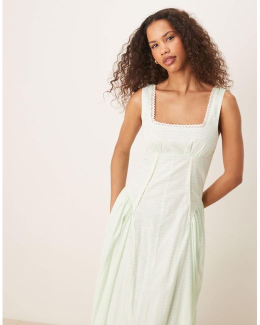ASOS Natural – prärie-maxikleid mit eckigem ausschnitt, tiefer taille und mintfarbenem vichy-karomuster