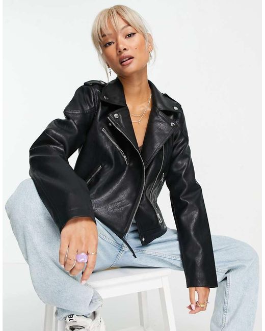 Noisy May Black Faux Leather Look Biker Jacket