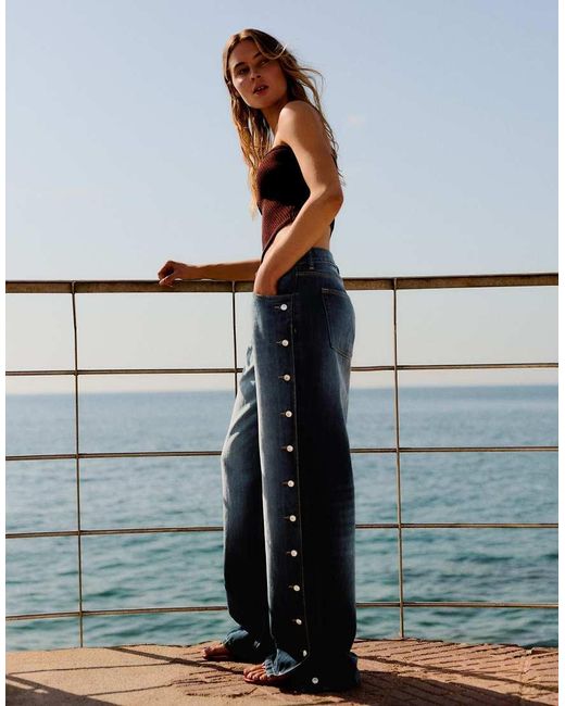 Bershka Gray Low-rise Straight-leg Jeans With Side Buttons