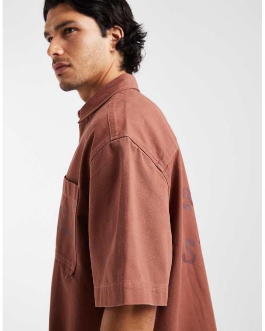 ASOS Red Boxy Oversized Half Sleeve Twill Shirt With Back Print for men