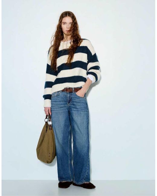 Pull&Bear Blue Chunky Striped Knit Sweater