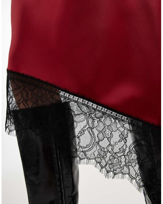 ASOS Red Satin Asymmetric Lace Trim Midi Skirt