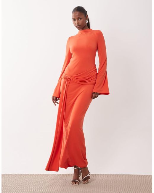 DASKA Red Slinky Long Sleeve High Neck Twist Drape Detail Maxi Dress