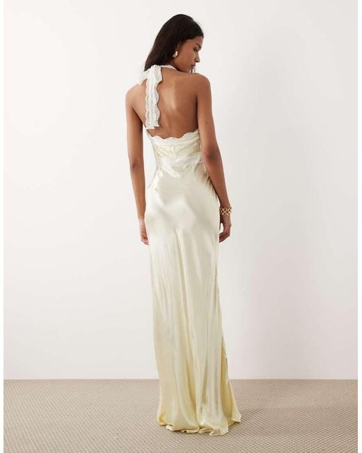 SNDY'S Natural Satin Contrast Lace Halterneck Maxi Dress