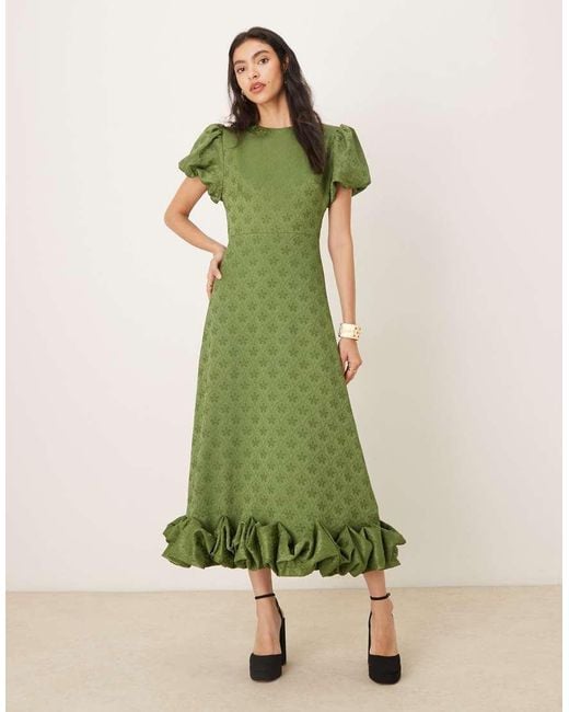 Sister Jane Green Jacquard Puff Sleeve Ruffle Hem Midaxi Dress