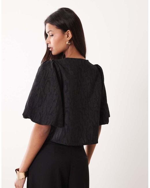 Y.A.S Black Structured Puff Sleeve Jaquard Top