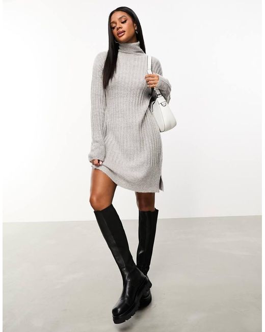 Threadbare Gray Naveah Roll Neck Ribbed Mini Jumper Dress