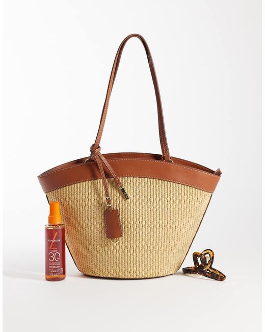 Mango Natural Woven Shoulder Bag With Faux Leather Trim