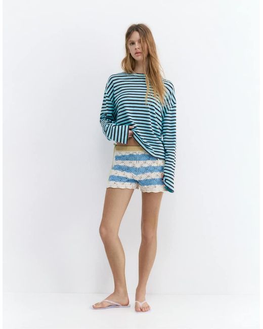 Pull&Bear Blue Striped Crochet Shorts