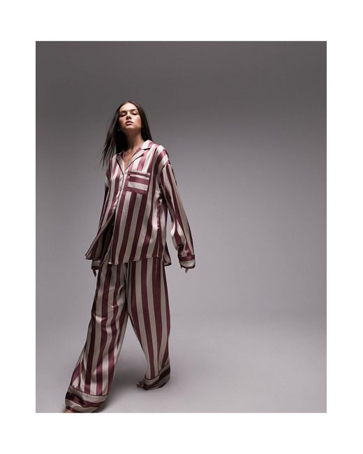 TOPSHOP Brown Satin Humbug Stripe Print Shirt And Trouser Pyjama Set