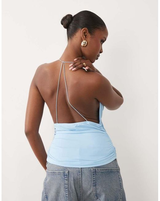 ASOS Blue Polyamide High Neck Cinched Waist Halter Top