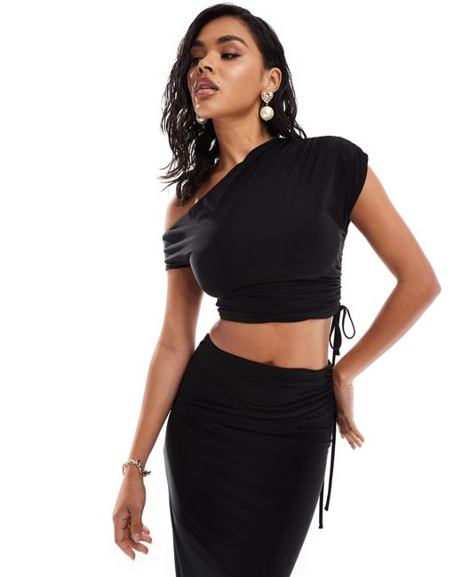 Kaiia Black Slinky Ruched Off Shoulder Drawstring Top Co-ord