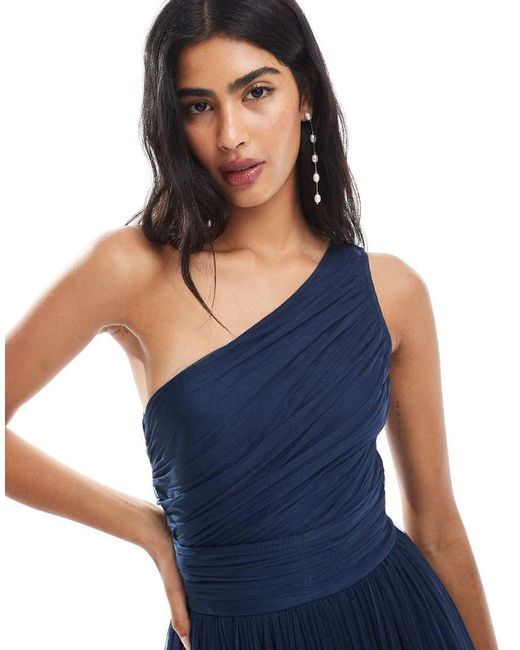 LACE & BEADS Blue Bridesmaid One Shoulder Maxi Dress