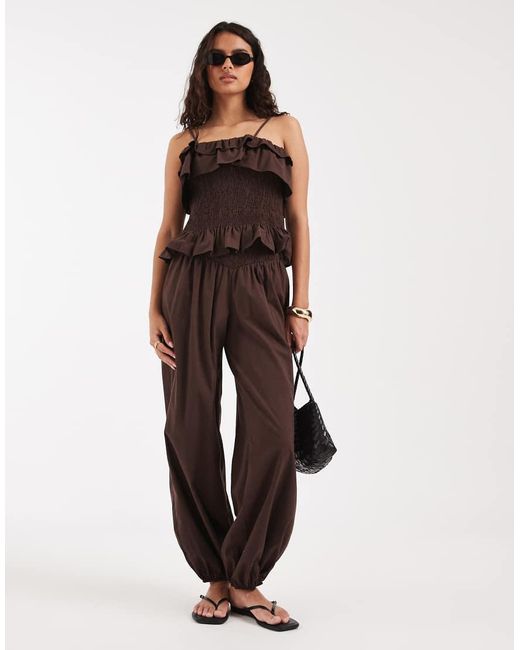 ASOS Brown Co Ord Shirred Frill Linen Blend Cami Top