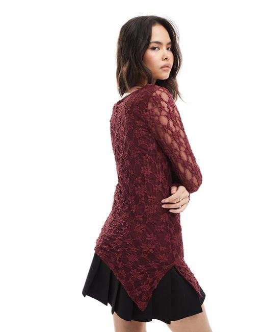 Threadbare Red Lace Long Sleeve Top With Asymmetric Hem