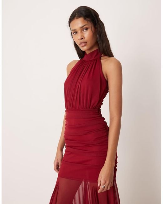 TFNC London Red Halter Neck Sheer Skirt Maxi Dress