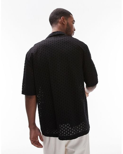 Topman Black Oversized Fit Button Through Jersey Crochet Polo for men