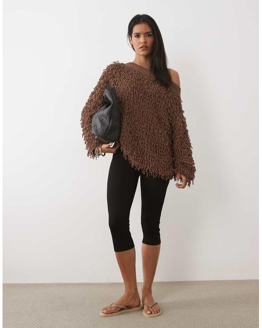 ASOS Brown Textured Knit Asymmetric Off The Shoulder Sweater