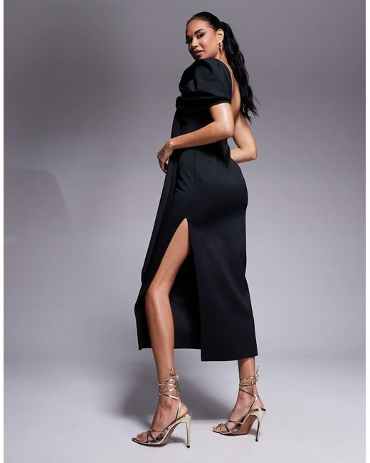 Vestido Midi Asimétrico Con Detalle De Lazo De Tejido Efecto Neopreno De ASOS de color Blue
