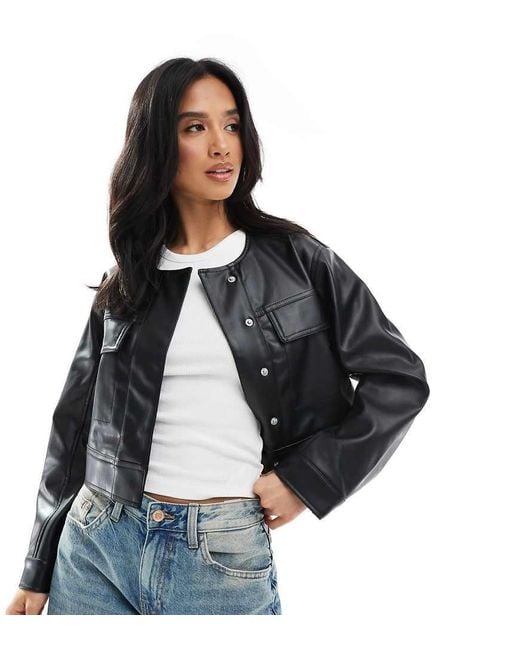 ASOS Black Asos Design Petite Cropped Collarless Leather Look Jacket