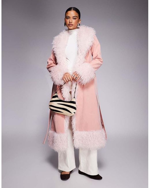 Kaiia Pink Exclusive Faux Fur Trim Penny Lane Maxi Coat