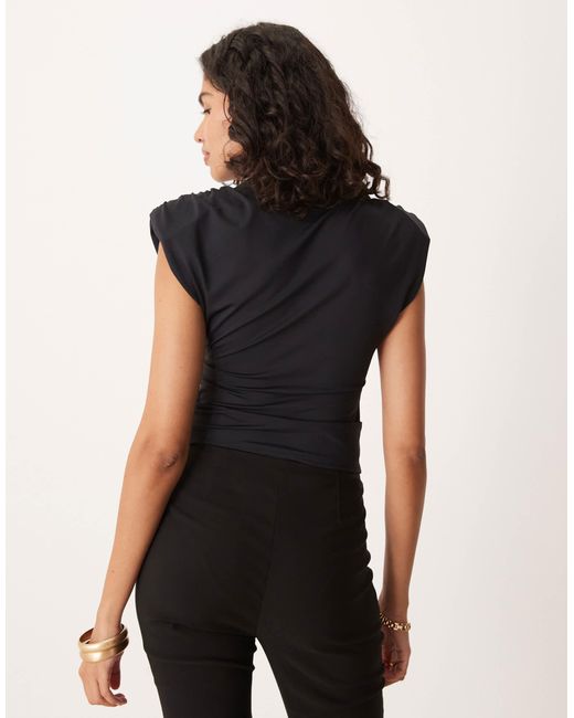 ASOS Black Grown On Neck Cinched Top With Shoulder Pad Detail