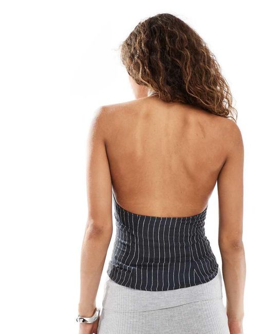 Chaleco Gris Con Raya Diplomática Y Cuello Halter De Mezcla De Lino Nadja De Weekday de color Blue