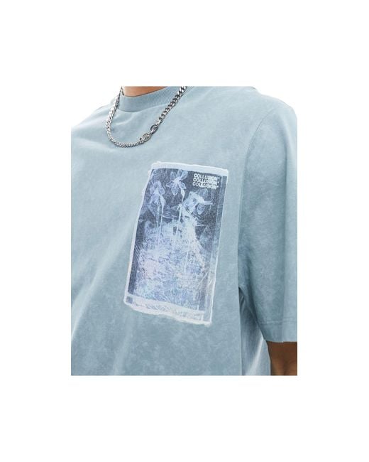 Collusion Blue Pique T-shirt With Polaroid Flowers Back Print for men