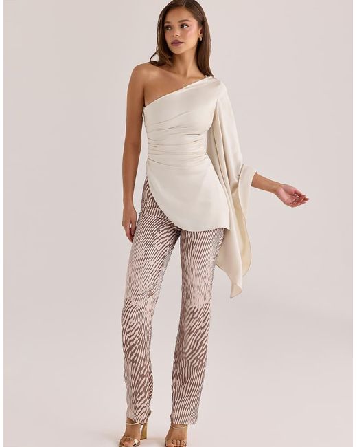 House Of Cb Natural Nicolette Oyster Satin One Sleeve Asymmetric Draped Top