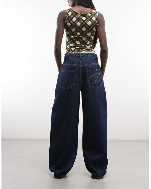 Daisy Street Blue Mid Rise Barrel Leg Studded Jeans