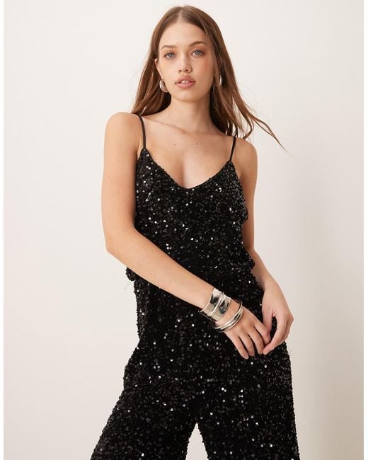 Vila Natural V Neck Sleeveless Sequin Jumpsuit