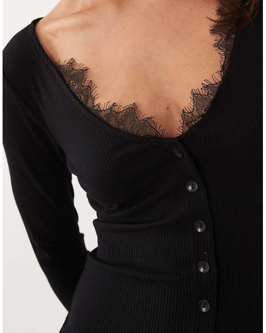 ASOS Black Lace Trim Ribbed V Neck Cardigan Mini Dress