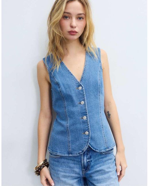Stradivarius Blue Fitted Denim Top
