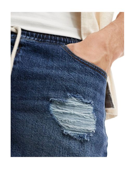 ASOS Blue Shorter Length Slim Denim Shorts With Distressing for men