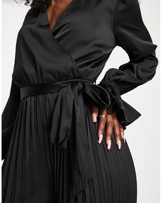 In The Style Exclusive Satin Wrap Detail Pleated Wide Leg Jumpsuit With ...