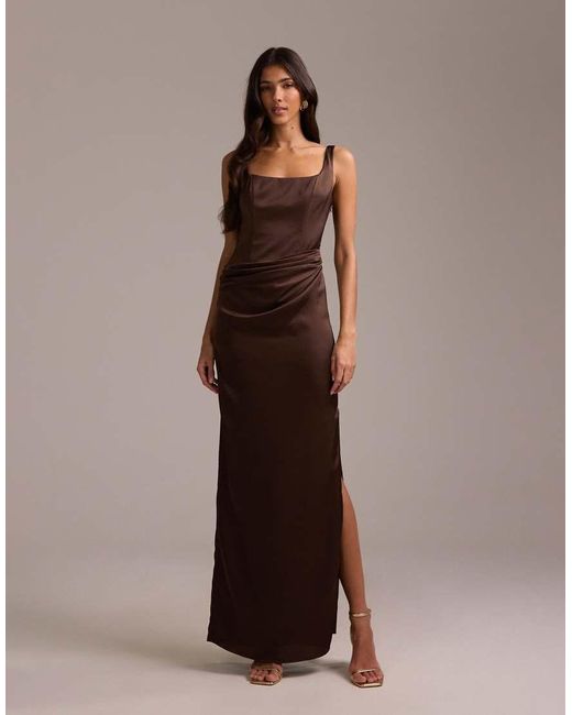 ASOS Brown Bridesmaids Square Neck Satin Maxi Dress With Asymmetric Skirt Overlay