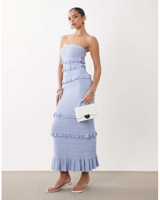 Gina Tricot Blue Tiered Frill Bandeau Maxi Dress
