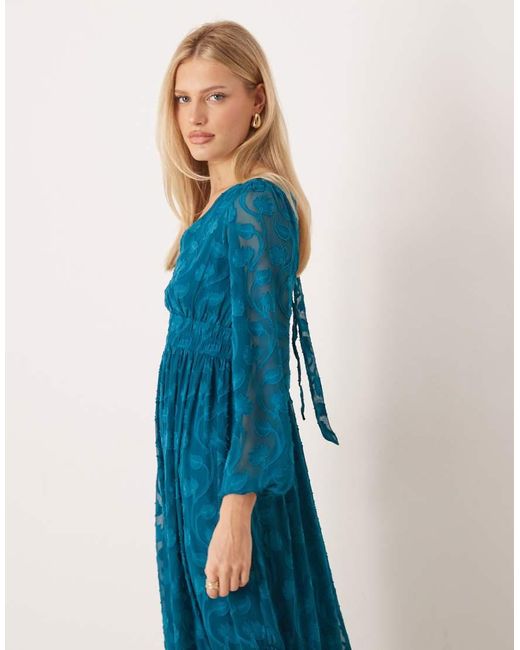 Lovedrobe Blue Floral Burnout Asymmetric Split Hem Tie Back Maxi Dress