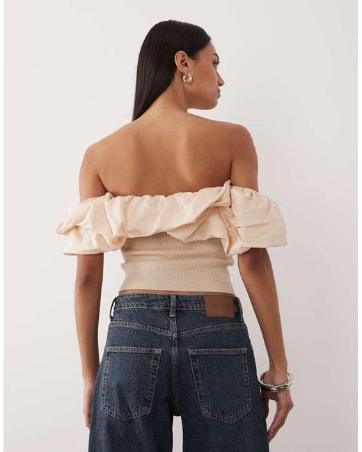 Mango Natural Off Shoulder Sleeveless Top With Statement Frills
