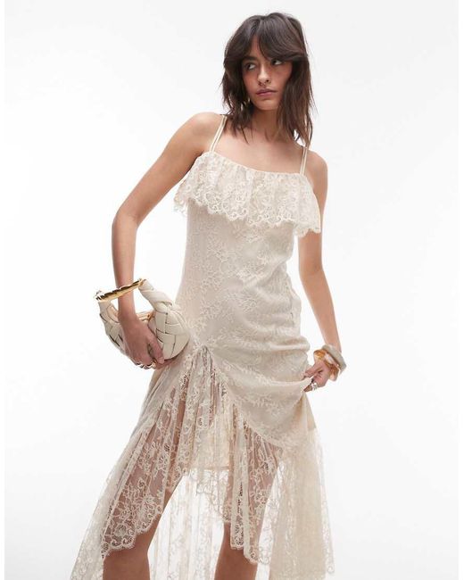 & Other Stories White Lace Midaxi Slip Dress With Sheer Asymmetric Tiered Ruffle Detail