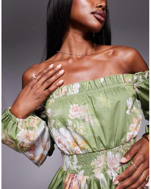 Vestito Corto Con Fondo A Palloncino, Scollo Alla Bardot E Maniche A Campana Color Pistacchio A Fiori di ASOS in Green